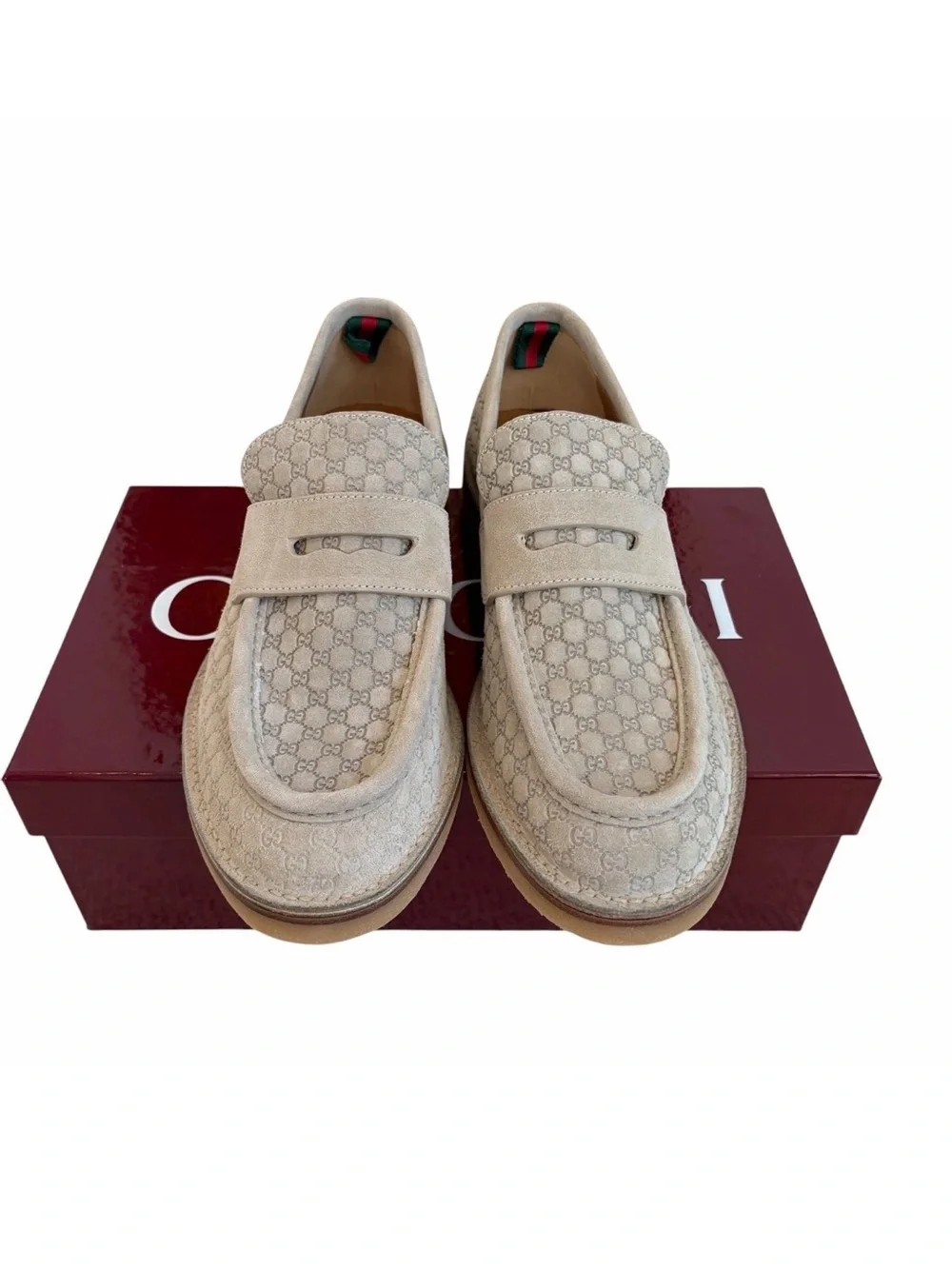 NWT Gucci Beige Suede Monogram Penny Loafers US 9